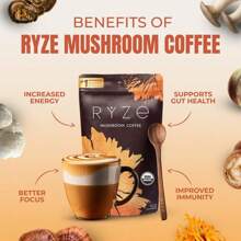 RYZE Mushroom Coffee USDA Organic With 6 Adaptogenic Mushrooms And MCT Oil, USA Grown Instant Coffee For Better Energy, Focus.Digestion, Immunity With Cordyceps, Lion's Mane.Turkey Tail, 30 Servings