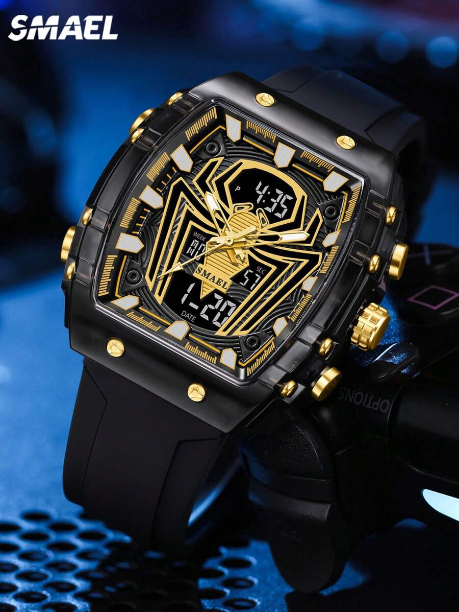 SMAEL SMAEL 1 Pc Double Display Digital Wristwatch Men's Fashion Square Case Silicone Band Military Sports Quartz Electronic Watch For Men