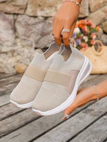 [ Women Slip-On Cushion Sports Shoes]PU & Mesh Fabric Patchwork, Strap Decor Design, Dual-Color Outsole, Anti-Slip & Soft, Breathable, [Khaki Color]Suitable For All-Day Wear - Khaki - View 4