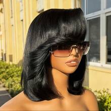 4x4 Lace Closure Bob Human Hair Wig With Side-Swept Bangs - 150% Density, Pre-Plucked Natural Hairline, Adjustable Fit, Curly/Styleable, Soft & Comfortable For Men & Women, Special Occasion Wig | Sleek Black Wig - Natural Black - View 3