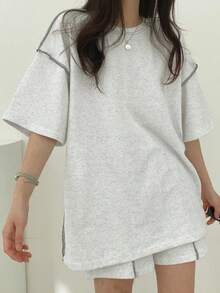 女士落肩宽松休闲短袖T恤，百搭夏季穿着 - 灰色 - 查看 2