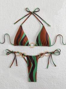 LUCKY HOLIDAY Conjunto de bikini triangular decorado con aros dorados, de moda y sexy