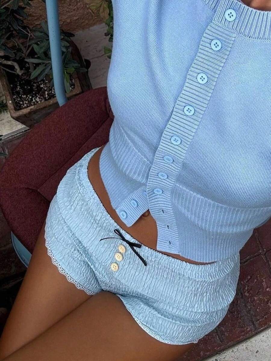 Women's High Elastic Bow Decor Solid Color Comfy Mini Shorts, Summer - Baby Blue - View 1