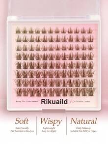 Rikuaild 96片棕色DIY假睫毛，D卷翘蓬松交叉超长款，猫眼形状，单根嫁接，自然柔软轻盈，9-16毫米，可重复使用，混合款式，旅行和日常妆容必备 - D - 查看 2