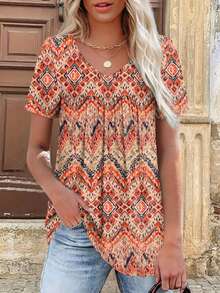 Plus Size Women Fashion V-Neck Short Sleeve Printed T-Shirt