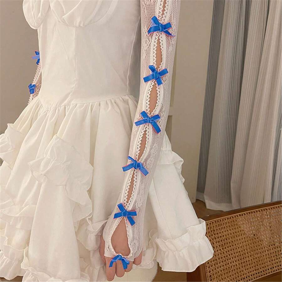 Women Lace Bolero Shrug Tops With Velvet Bows Hollow Out Shrug Open Front Cropped Cardigan Bolero Fishnet Shawl Arm Sleeves With Finger Holes Costume Accessories - 藍白色 - 查看 1