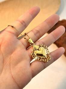 1 pieza Collar con colgante en forma de corazón chapado en oro de 18K, joyería en forma de corazón de acero inoxidable para mujeres, para uso diario y citas, decoración del Día de San Valentín