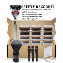 Stainless Steel Razor Shaving Set, Non-Slip Metal Handle, Contour Attachments, Fully Washable, Includes Shaving Brush And Stand, Cleaning Brush, With Replacement Blades, Gift For Father And Boyfriend