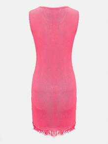 Korean Style Christmas Casual Boho Holiday Party Vintage Dress, Women Old Money Style Cute Airport Streetwear Country Concert Outfit, Cosplay Halloween Costume, Sexy Witch Costume, Going Out Fall Women Clothes, Back To School Clothes, Y2K Country Concert Outfit, Fall Dresses For Women, Winter Outfit For Women, Goth Steampunk Round Neck Solid Color Fruit Embroidery Fitted Semi-Sheer Knit Cover-Up Dress - Watermelon Pink - View 3