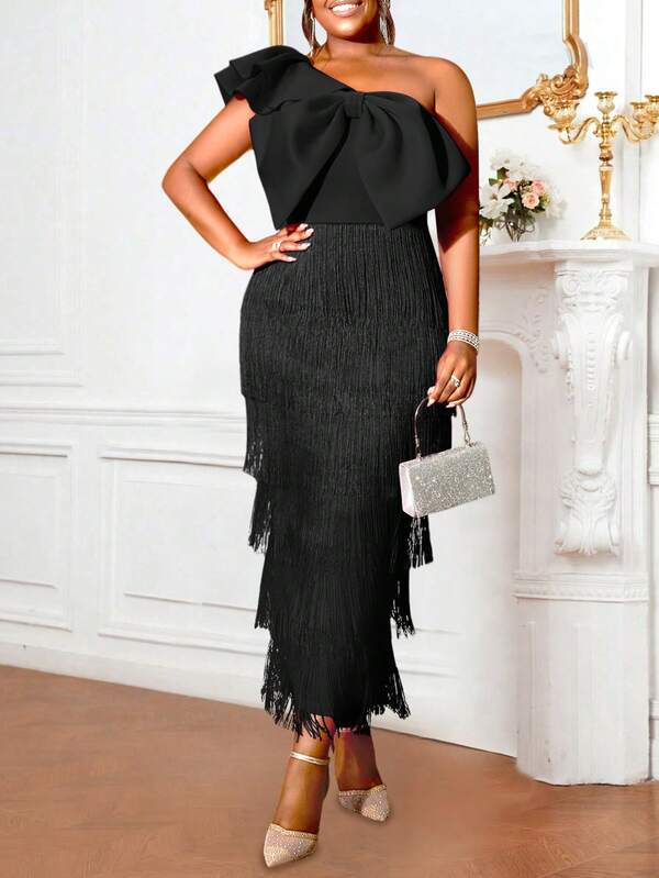 Solid Color Bow Decoration Sexy Asymmetrical Shoulder Bag Hip Dress Ruffled Sleeves Women Tassel Holiday Party Costume ,Elegant Cocktail Semi Formal Prom Wedding Guest Graduation Dress, For Birthday, Graduation, Dinner,Homecoming Back To School