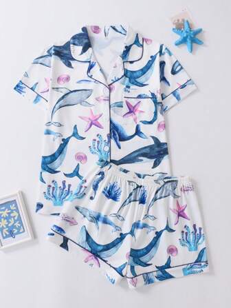 2pcs Leisure Pajamas Set For Women, Whale & Print, Collared Button-Up Short Sleeve Top And Elastic Waist Shorts, Suitable For All Seasons