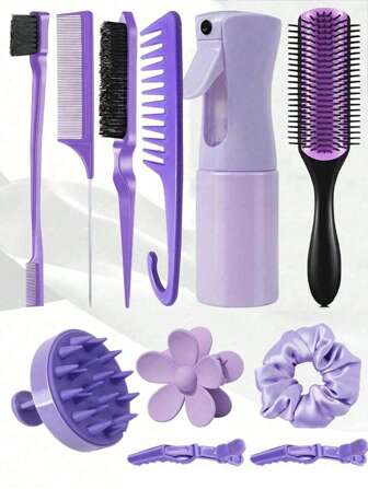 1/3/6/9/11pcs Hair Brush Set, Includes: Straightening Brush, Spray Bottle, 3pcs Kids Back Combs, Scalp Massage Shampoo Brush, Premium Wide-Tooth Comb, Alligator Clips, Flower Hair Clips, Suitable For Girls For Travel, Outdoor, Sports, Office, School And Other Occasions, Essential Hair Care Products.