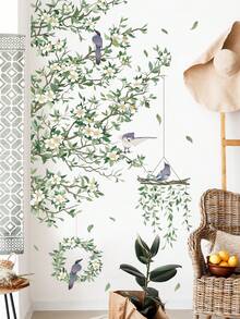 2 件 PVC 墙贴，现代鸟类和花朵图案防水，可移除自粘贴花，适用于客厅、卧室、家庭办公室、贴纸、墙贴花、乙烯基贴花，用于家庭装饰、春季装饰品让您的家焕然一新、Rama 装饰贴纸礼物生日毕业
