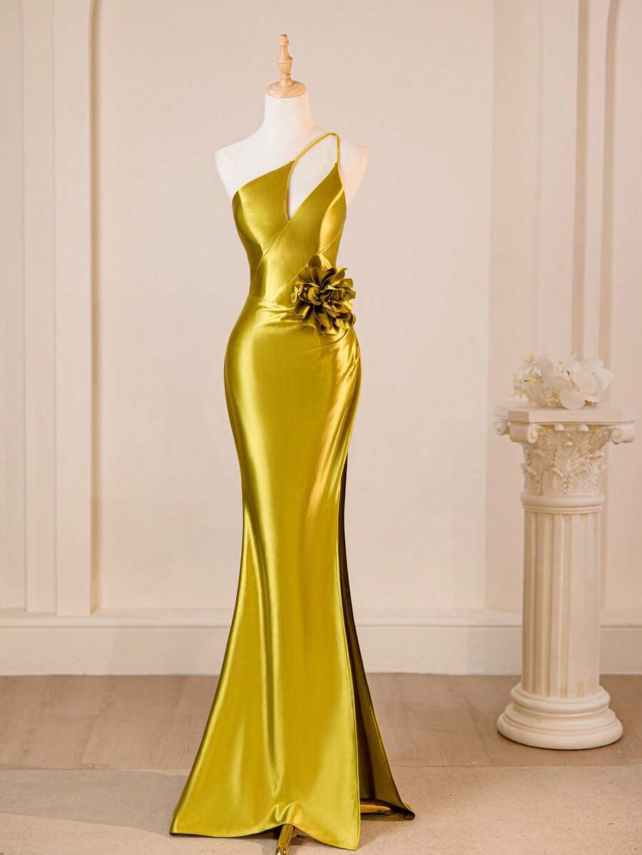 Asymmetric Neckline Asymmetrical Neck High Slit Long Dress, 3D Floral Design Satin One Shoulder Bridesmaid Gown Wedding Guest Dress - Olive Green - View 1