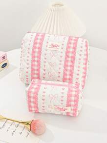 1 Piece Plaid Lace Quilted Pink Zipper Bag Sweet Style Large Capacity Bow&Love Portable Zipper Makeup Bags Fashionable Portable Makeup Bag, Multi-Functional Storage Bag For Lipstick, Sanitary Napkin, Coins, Keys Etc Women Skincare Organizer Bag Print Flower Makeup Organizer Storage Bag Graduation