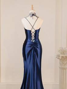 Spaghetti Strap Elegant Navy Blue Sexy Deep V-Neck High Slit Fitted Prom Gown Bridesmaid Dress For Party - Navy Blue - View 5