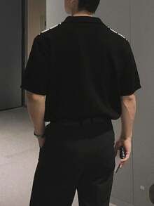 Áo thun dệt kim tay ngắn cổ chữ V dáng rộng, phối màu tương phản, kiểu dáng công sở châu Âu & Mỹ, dành cho cả nam và nữ, hàng mới về mùa xuân/hè. - màu đen - Xem 2