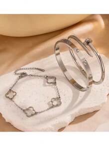 1 Set 3pcs Stainless Steel Minimalistic Floral Hollow Design Bangle Bracelets, Fashion Elegant Creative Personalized Gift For Women Daily Wear