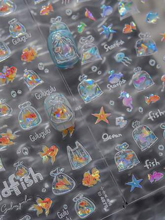 1 hoja de pegatinas de arte de uñas con textura de gelatina, diseños subacuáticos multicolores con patrones de peces de colores, pegatinas de uñas para mujeres y niñas, decoración de manicura DIY creativa