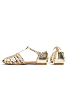 Giày sandal đế bằng hở mũi chữ T cho nữ, giày đế bằng, giày lười, giày thường ngày mùa hè, đi biển - Vàng - Xem 3