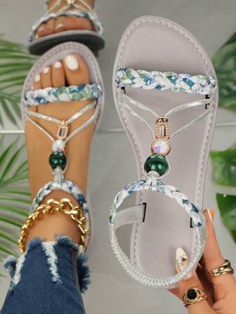 女士复古串珠平底凉鞋，编织休闲户外拖鞋，夏季