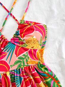 Tropisches Muster Mini Kleid, geeignet für Strandurlaubp, Damen Sommerkleidung, tropische Resortkleidung, Sommer, Resortkleidung, Damenkleid, Resortkleidung - Orange - Übersicht 5