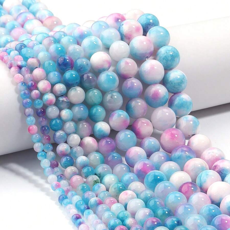 1 String Natural Blue And Pink Jade Beads In Multiple Sizes - 4/6/8/10/12mm, Fashionable, Elegant, Retro Blue And Pink Color, Handmade DIY Beads For Bracelet, Necklace, Jewelry, Pendants, Phone/Key Chains, Wholesale Beads