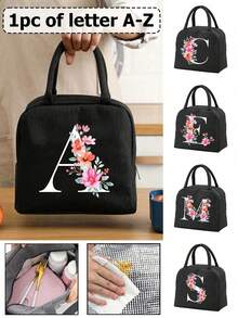1pc Letter Print Insulated Lunch Bag, Thermal Lunch Tote, Handbag, Lunch Box, Ice Pack, Picnic Food Tote Bag, Canvas Lightweight Portable Lunch Storage Bag, Ideal For School, Office, Picnic, Birthday Gift, Souvenir. This Is A Novel Design With Large Capacity Portable Casual Lunch Insulation Bag, An Ideal Tote Bag For School Supplies. - Black - View 1