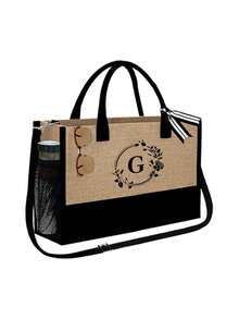 高级黑色卡其帆布手提包套装，配有肩带，饰有玫瑰花环字母 A-Z，包括一个撞色大号手提包和一个小方包（可作零钱包）。