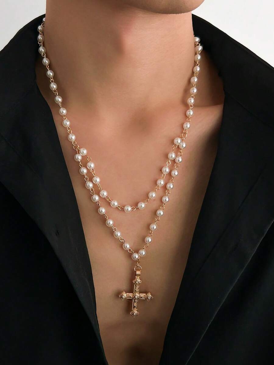 1pc Retro Cross Pendant With Beaded Necklace, Men Fashion Versatile Accessory