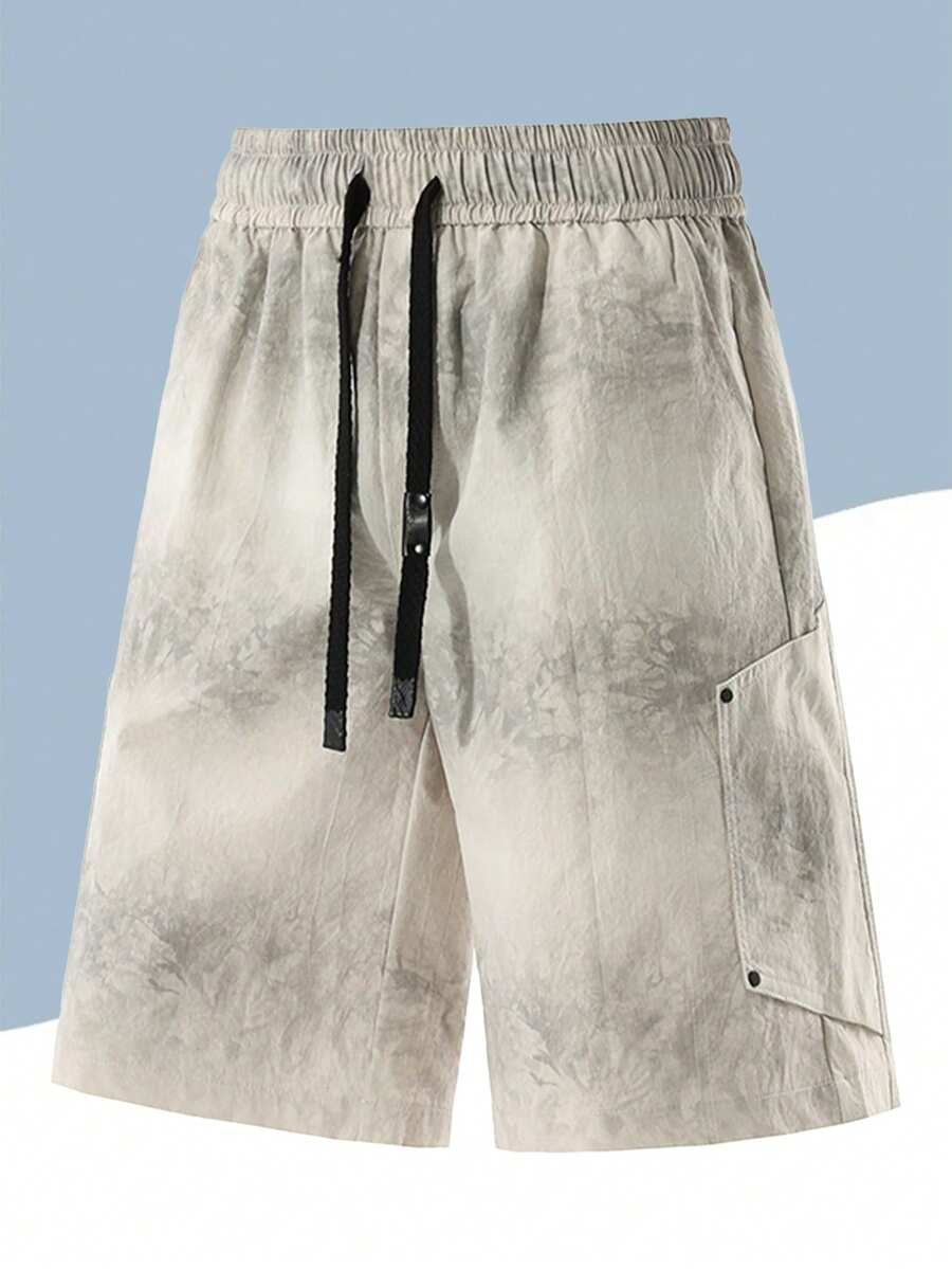 Men's Summer Breathable Loose Pocket Shorts With Elastic Waist, Fashion Tie-Dye Casual Outdoor Hiking Sports Straight Knee-Length Pants - Grey - View 1