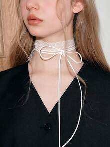 多层蕾丝丝带细长围巾项链，带领口设计，适合春夏季节 - 彩色 - 查看 3