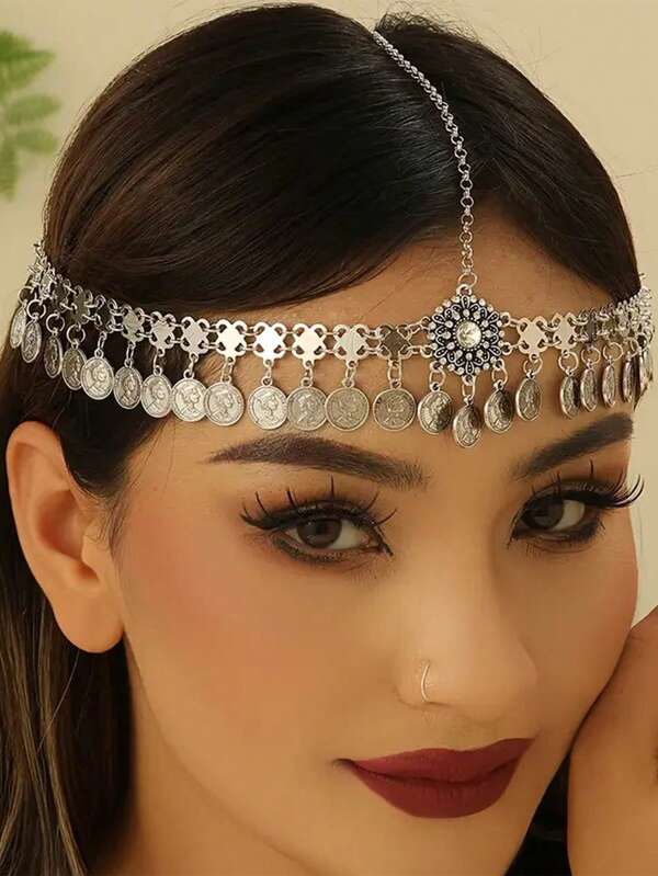 1pc Vintage Pendant Hair Accessory, Exotic Palace Style, Rhinestone Tassel Headdress For Photo Shoot, Headpiece, Head Chain