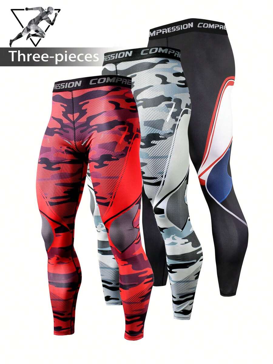 3 件套男士户外运动压缩裤，速干，时尚印花，舒适丝滑柔软，有弹性，透气，适合跑步、篮球、骑自行车