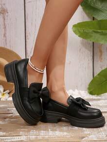 Women's Casual Fashion Glossy PU Leather Matte Bow Comfortable Loafers Flat Basic Preppy Style For Outdoor, Indoor, Party, All Season - Black - View 3