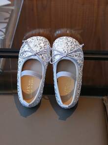 Girls' Sequins Leather Shoes, New 2025 Spring & Autumn Crystal Soft Bottom Princess Kids Baby Rhinestone Flats - Silver - View 1