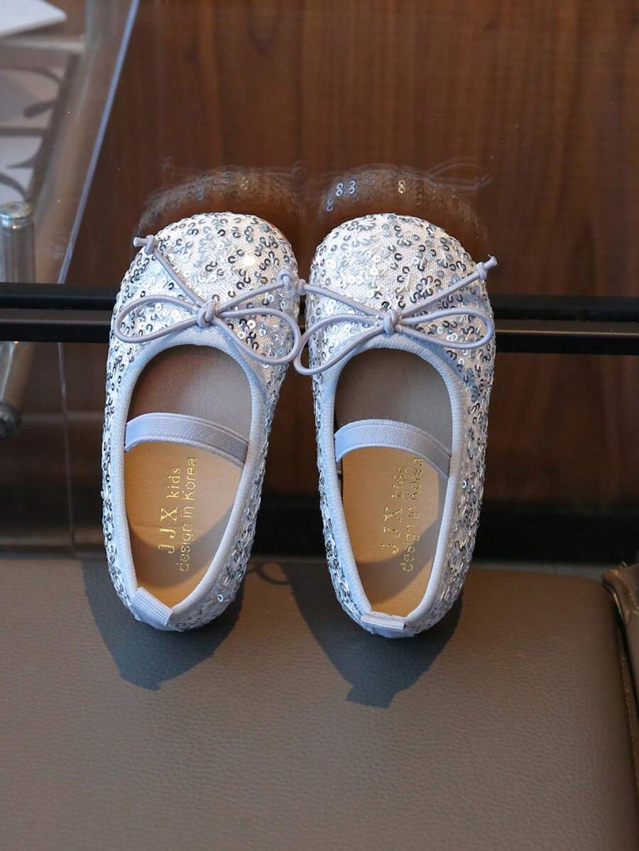 Girls' Sequins Leather Shoes, New 2025 Spring & Autumn Crystal Soft Bottom Princess Kids Baby Rhinestone Flats - Silver - View 1