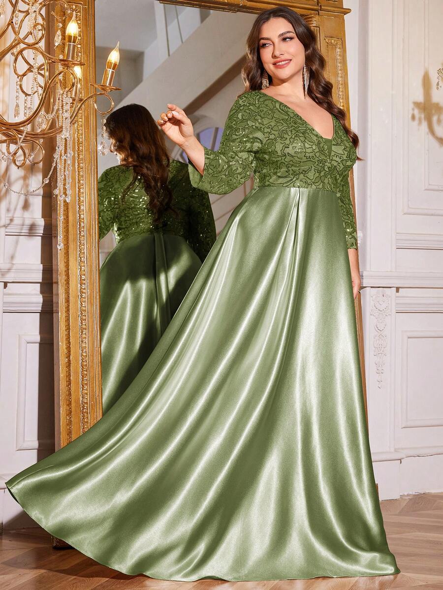 hezixi Vestido satinado con lentejuelas y corte evasé con escote en V y mangas cortas para mujer de talla grande - Elegante vestimenta formal para fiesta de cóctel, madrina de boda, invitada de boda, vestido de graduación