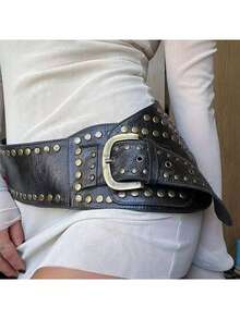 1pc Women's Black Punk Style Rivet Buckle PU Belt, Fashionable Street Wear Accessory Summer, School Fall, Autumn, Halloween - Brown - View 2
