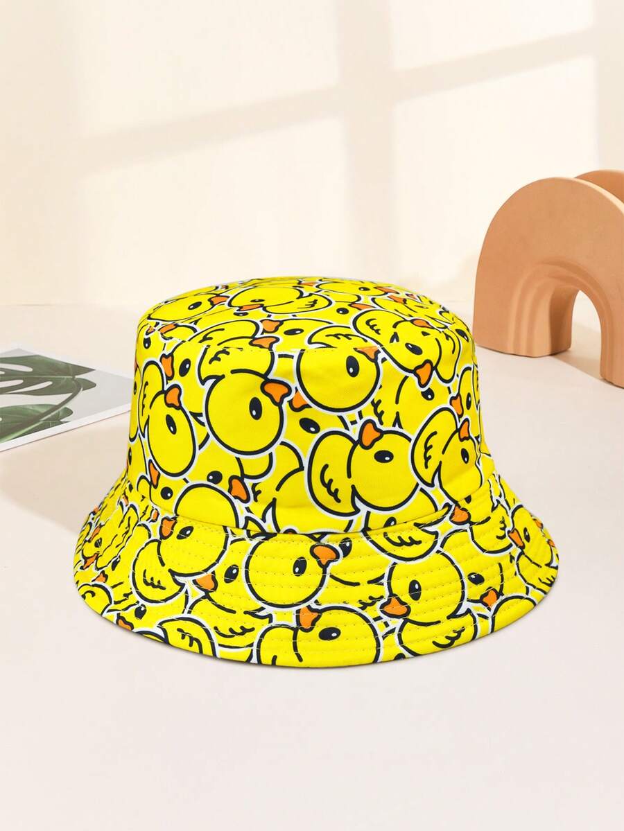 1pc Women Cartoon Duck Print Reversible Bucket Hat, Sun Protection Outdoor Hat - Yellow - View 1