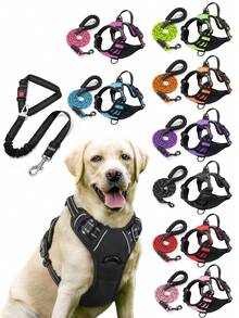 狗背带，带 2 个皮带扣的防拉宠物背带，可调节软垫背心，带控制手柄和汽车安全带环（可选）的反光防窒息牛津背心 - 包括免费的重型 5 英尺皮带