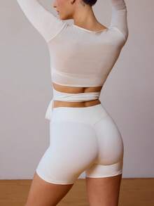 Cross Wrap Tie Crop Top For Women Y2k Cropped Top Ruched Shirts Long Sleeve V-Neck Slim Fit Tie Ballet Yoga Workout T Shirts Coquette Blouse Summer Going Out Tops - 白色 - 查看 2