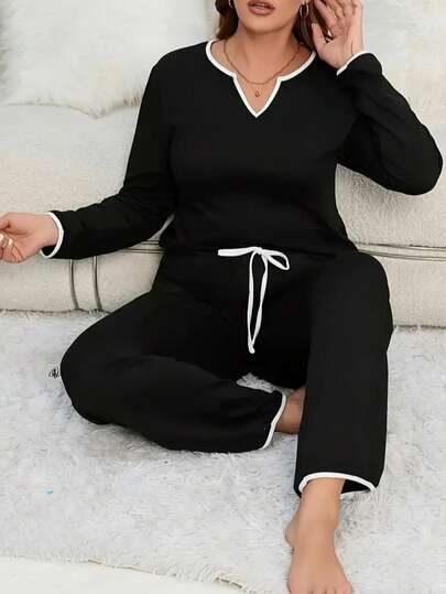 Plus Size Women Contrasting Color Notched Neck Sleepwear Top And Drawstring Pants Set, Fall Clothes