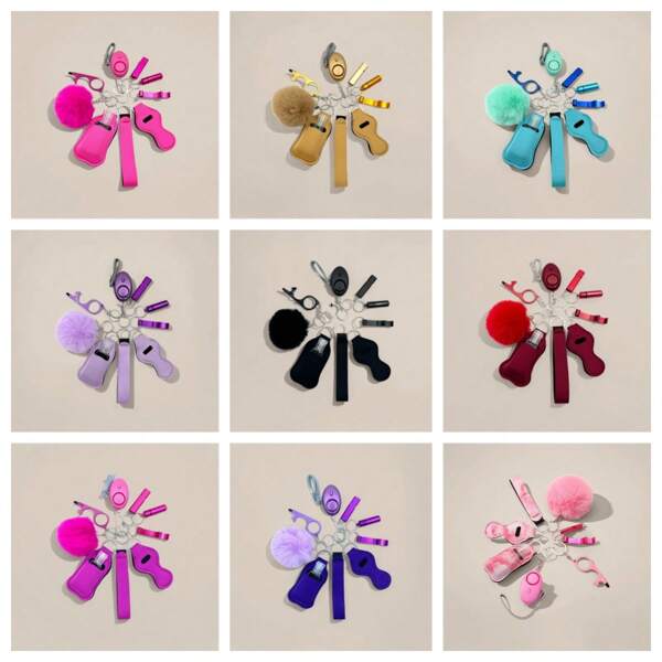 Set de 9 piezas de llavero de autodefensa para mujer, incluye alarma, rompedor de ventanas, abrebotellas, silbato, dispensador de jabón, estuche de lápiz labial, pulsera, pastillero, llavero para exteriores, regalo navideño, accesorios de coche, colgante de bolso