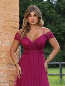 Elegant Off-The-Shoulder Long Dress Without Shine - Rose Red - View 5