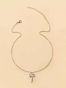 1pc Rhinestone Inlaid Palm Tree Pendant Necklace, Everyday Wear Or Gift For Girls - Yellow Gold - View 3