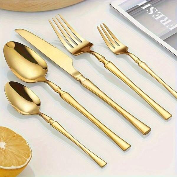 30 piezas Juego de cubiertos de acero inoxidable color dorado de cintura delgada, adecuado para recibir invitados, restaurantes y bodas: Diseño de acero inoxidable antioxidante, incluye tenedores/cucharas aptos para lavavajillas, adecuado para cortar cordero, comidas multitudinarias y fácil limpieza. Apto para uso doméstico diario.