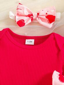 Baby Girls Cute Sweet Pink Ribbed Romper & Rabbit Allover Print Ruffle Strap Jumpsuit Dress With Rabbit Decor Straps And Bow Headband, Summer Outfit - Red - View 3