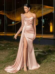Faeriesty Váy dạ hội satin thanh lịch với điểm nhấn đính cườm và thiết kế lệch vai - Hoàn hảo cho đám cưới sang trọng, sự kiện thảm đỏ, tiệc tối tại phòng trưng bày nghệ thuật và buổi chụp ảnh thời trang cho tạp chí - Bụi hồng - Xem 3