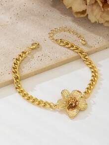 1 buah Gelang Kaki Liontin Bunga 5 Kelopak Rantai Tebal Berlapis Emas untuk Wanita - Yellow Gold - View 5